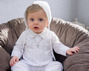 Personalisiertes Taufoutfit für Jungen, weißes Taufset mit Namensstickerei, klassisches Ringträger-Outfit, Segnungsanzug für Neugeborene