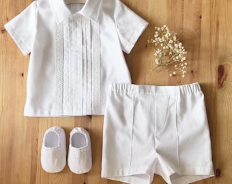 Summer Baptism Outfit for Boy with Lace Details, Baby Christening Set for Ceremony and Blessing, Classic White Satin Cotton