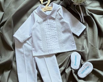 Spersonalizowany ubranko do chrztu dla chłopca, biały komplet do chrztu z haftowanym imieniem, klasyczny strój dla nosiciela obrączek, strój do błogosławieństwa noworodka