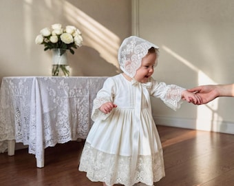 Vintage Inspired Lace Baby Dress, Flower Girl and Christening Outfit, Heirloom European Style, Premium Cotton Special Occasion Dress