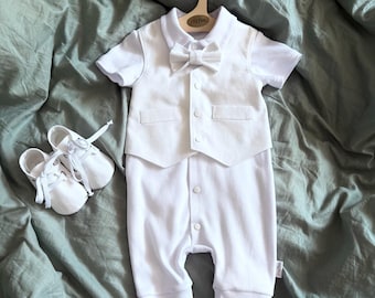 White Baby Boy Romper with Linen Vest, Baptism Outfit for Christening and Ring Bearer, Summer Cotton Baby Suit