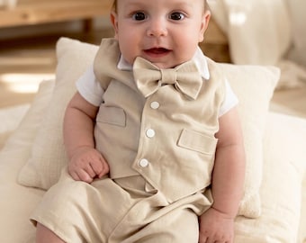 Baby Boy Vest Suit with Bow Tie, Newborn Baptism and Coming Home Outfit, Beige Linen Summer Formal Set