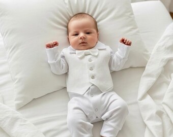 Pelele blanco para bebé con chaleco y pajarita, conjunto de bautizo para recién nacidos, de algodón interlock y lino estilo clásico.