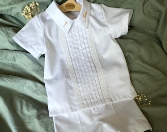 Boys Baptism Set with Name Cross Embroidery Christening Outfit for Baby Boy White Cotton Summer Church Wear