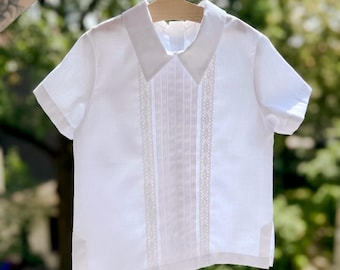 Christening Shirt with Optional Name Embroidery, Baptism and Ring Bearer Outfit, Classic White Baby Boy Shirt in Premium Cotton Satin