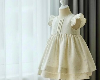 Flutter Sleeve Polka Dot Baby Dress, Baby Girl Baptism Outfit for Summer Ceremony, Premium Cotton Satin