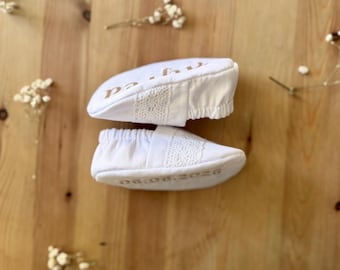 White Baptism Booties with Name Embroidery, Christening Shoes for Baby Boy Ceremony, Heirloom Cotton Crib Shoes