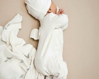 Angel Baby Christening Set, Heirloom Newborn Outfit for Boy or Girl, Minimalist Cotton Interlock Romper