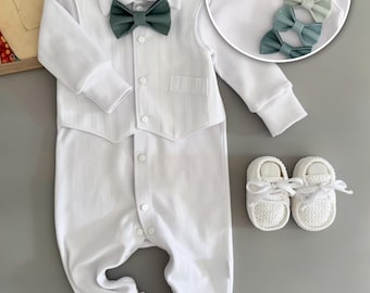 Baby boy tuxedo romper with mint bow tie and vest look, personalized christening outfit newborn babtizm gift, white classic gentleman set