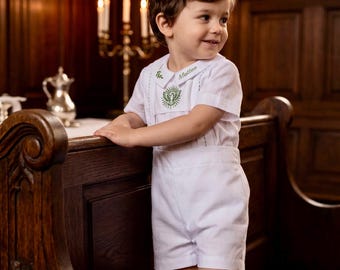 Cross or Dove Toddler Baptism Outfit, Personalized Christening Romper for Boy, Heirloom White Cotton