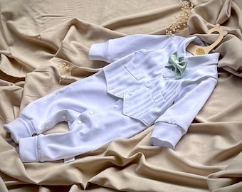 Baby Boy Romper with Mint Bow Tie, Christening Outfit for Baptism and Ring Bearer, White Cotton Tuxedo Suit
