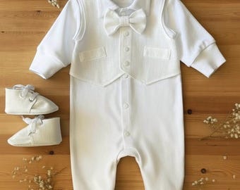 White Baptism Romper with Linen Vest, Baby Boy Christening Outfit for Baptism and Dedication, Ring Bearer Style Coming Home Set
