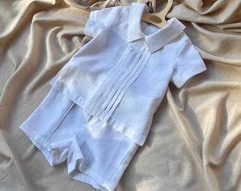 White Linen Baptism Outfit Set, Christening Boy for Blessing Ceremony, Ring Bearer Baby Linen Shirt and Shorts