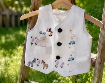 Farm Animal Embroidered Linen Baby Vest, Personalized Ring Bearer Outfit for First Birthday Photoshoot and Vacation, Rustic Heirloom Keepsak