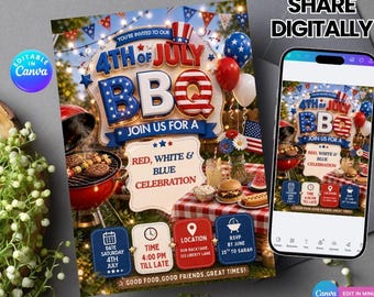 May include: A digital invitation for a 4th of July BBQ, featuring red, white, and blue colors. The design includes a grill, food, and balloons, with the text "4th of July BBQ" and event details. A smartphone displays the invitation.