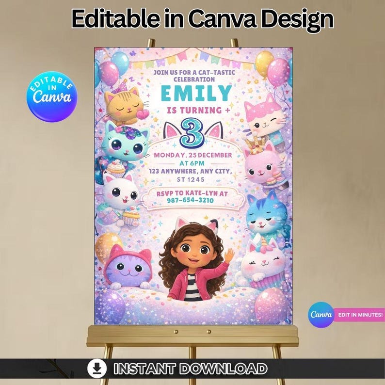 Cubbies Invite Gabby's Dollhouse Birthday Invitation | Editable Kawaii Kitty Party ...