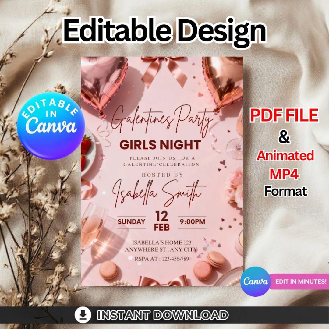 Editable Galentine's Party Invitation, Pink Girls Night Out (digital ...