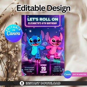 Puede incluir: Un diseño de invitación vibrante con dos personajes de dibujos animados sobre patines. El texto dice "LET'S ROLL ON ELIZABETH'S 6TH BIRTHDAY". Detalles adicionales incluyen la fecha, información RSVP y la frase "INSTANT DOWNLOAD".