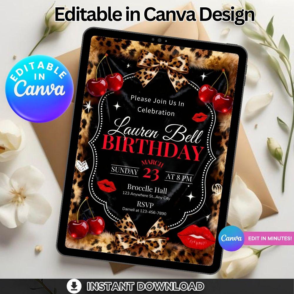Leopard Print Birthday Invitation, Glam Party Template, Editable Canva ...