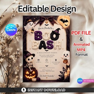 Könnte beinhalten: Eine Halloween-Party-Einladungsvorlage mit dem Text BOO BASH, einem Skelett auf einem Kürbis, Geistern, Fledermäusen und einem Vollmond. Das Design enthält Platzhalter für Datum, Uhrzeit, Ort und RSVP-Details sowie ein bearbeitbares Etikett.