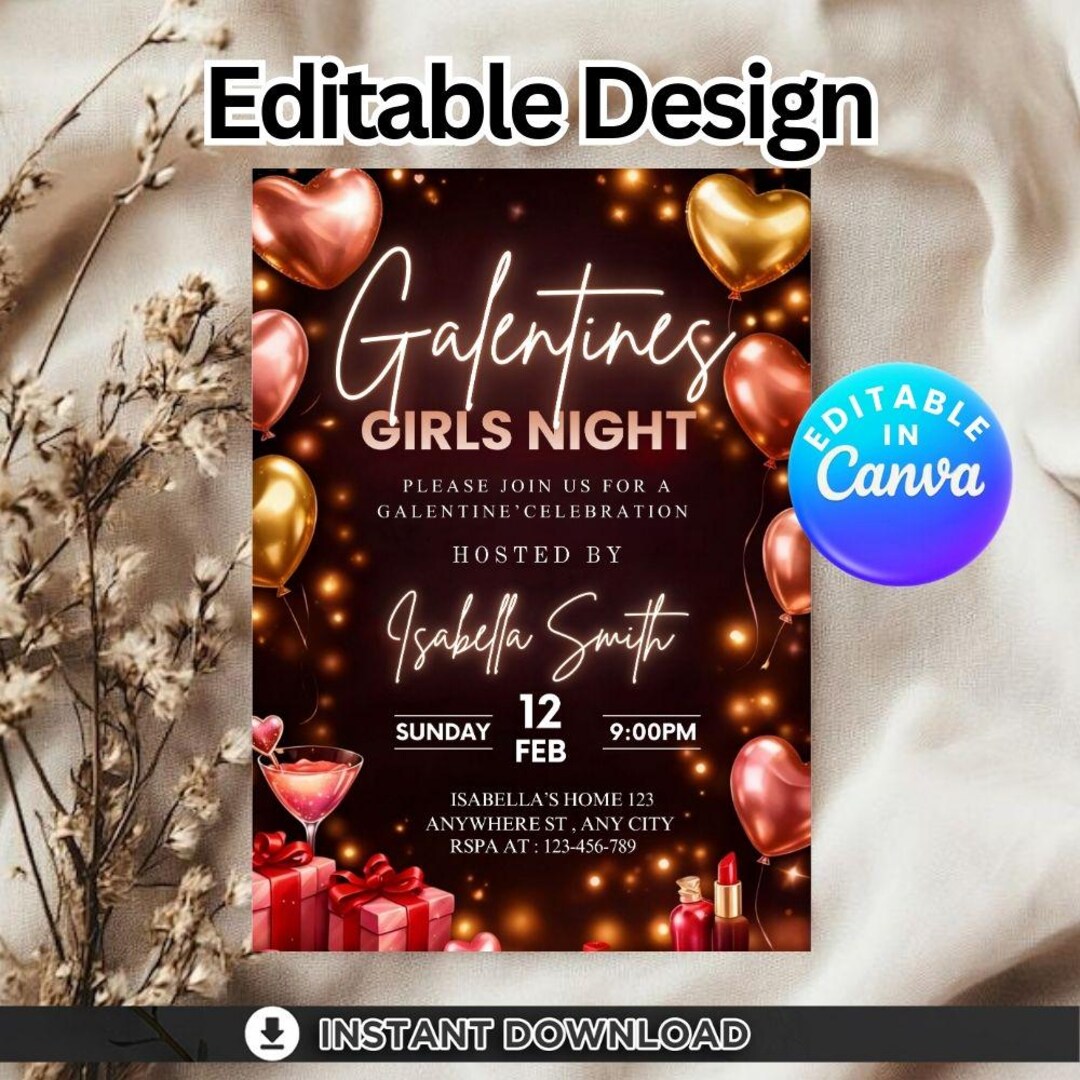 Galentine's Girls Night Invitation | Pink & Gold Canva Template ...