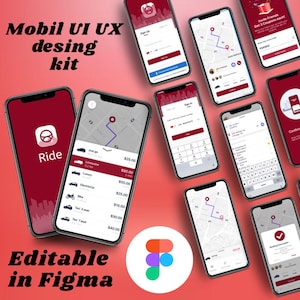 Puede incluir: Varios smartphones muestran un kit de diseño de interfaz de usuario/experiencia de usuario móvil para una aplicación de transporte. Las pantallas muestran varias funciones de la aplicación, incluyendo registro, navegación por mapas y confirmación de reserva. El texto "Mobil UI UX desing kit" y "Editable in Figma" son visibles.