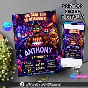 May include: A birthday party invitation featuring cartoon characters, balloons, and the text "We Dare You To Celebrate!" The invitation is for Anthony's 8th birthday, with date, time, and location details. A smartphone displays the same design.