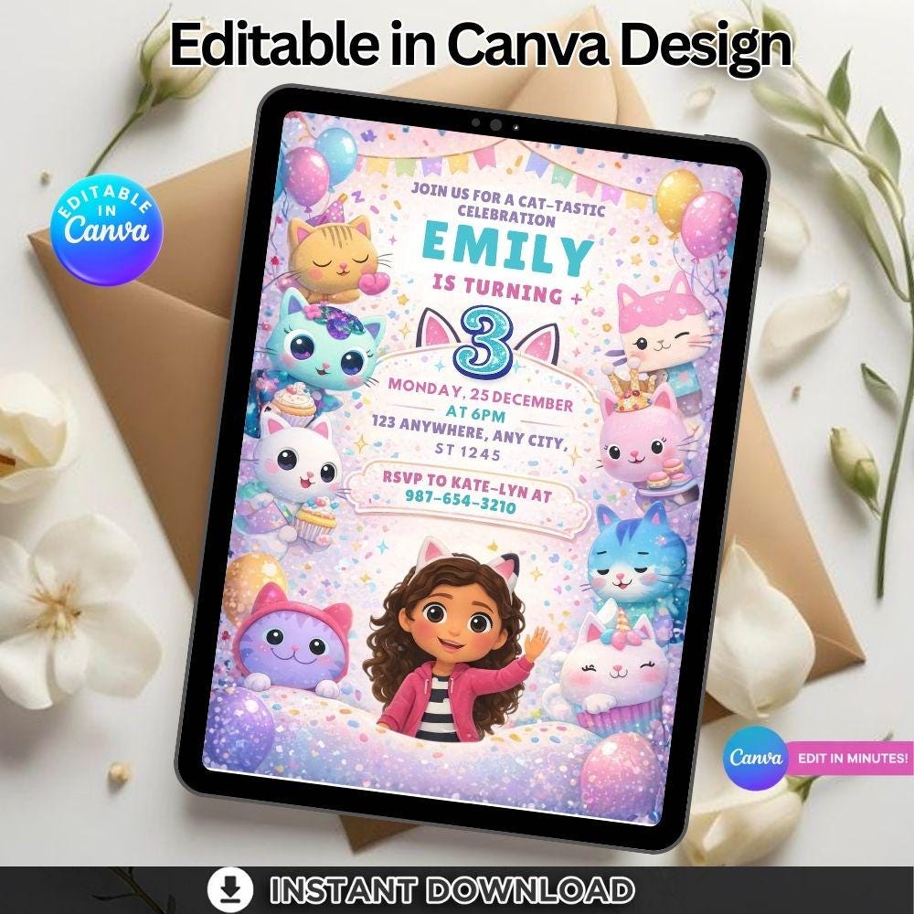 Cubbies Invite Gabby's Dollhouse Birthday Invitation | Editable Kawaii Kitty Party ...