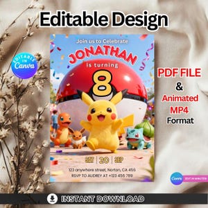 May include: A digital invitation design featuring a red and white Poké Ball, Pikachu, and other Pokémon characters. The invitation reads "Jonathan is turning 8" with event details and the text "Instant Download". The design includes the text "Editable Design".