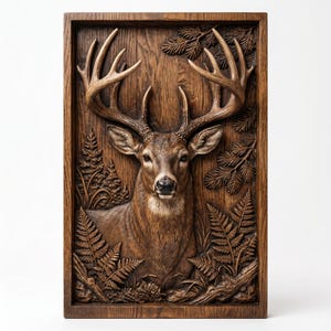 May include: A rectangular wooden wall plaque featuring a detailed relief carving of a deer head with large antlers. The scene includes carved pine branches and fern leaves surrounding the deer, all finished in a rich, dark brown wood tone.
