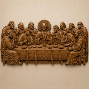 Op de afbeelding: Een bruine houten wandsculptuur die het Laatste Avondmaal uitbeeldt. Het reliëf toont dertien figuren aan een lange tafel bedekt met een kleed, met brood, borden en een centrale kelk. De centrale figuur heeft een aureool achter het hoofd.