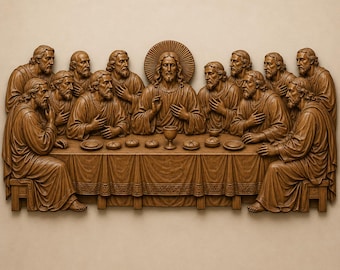Può includere: Un intaglio da parete in legno marrone che raffigura la scena dell'Ultima Cena. Il rilievo mostra tredici figure sedute a un lungo tavolo coperto da una tovaglia, con pane, piatti e un calice centrale. La figura centrale ha un'aureola.