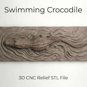 May include: A rectangular relief sculpture featuring a crocodile swimming in water, with the text Swimming Crocodile and 3D CNC Relief STL File printed above and below the image. The crocodile is shown from a top-down perspective.