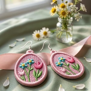 Design de bordado para brincos de ovo de Páscoa com flores | Joias de primavera FSL (Download digital)