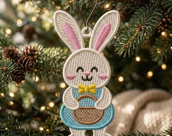 Diseño de bordado de conejito de encaje independiente, patrón para adorno de cesta de Pascua (aro de 4x4)