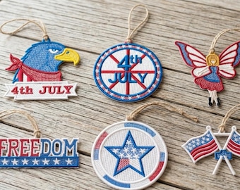 Paquete de diseños de bordado de encaje independientes para el 4 de julio: Adornos patrióticos (Descarga instantánea)