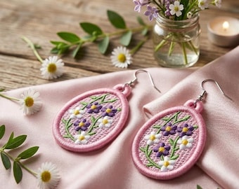 Diseño bordado de pendientes con forma de huevo en color lila intenso y blanco de FSL (descarga digital)