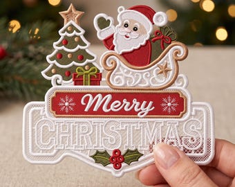 Weihnachtsmann-Schlitten-Stickmuster, festlicher Baum-Maschinenstich (Sofort-Download)