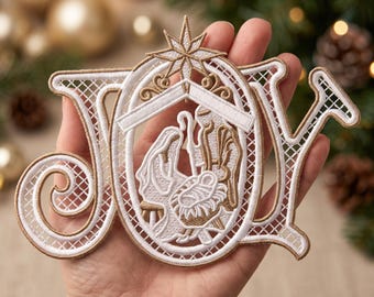 Freistehendes Spitzenstickmuster mit Krippenszene, Weihnachtsschmuck der Heiligen Familie (Digitaler Download)