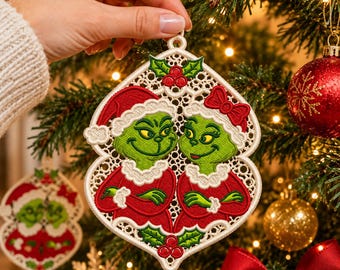 Grinch Couple FSL Ornament Embroidery Design, Christmas Freestanding Lace, Machine Embroidery Digital Download