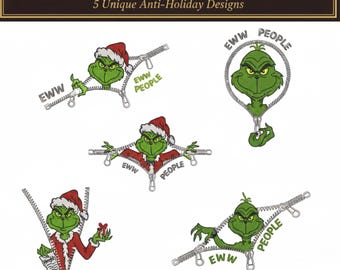 Paquete de bordado navideño del Grinch: patrones de máquina traviesos, 5 tamaños, descarga digital instantánea.