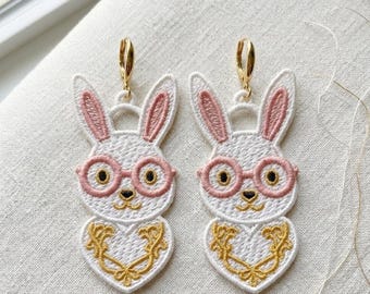 Freistehende Spitze Häschen Herz Ohrhänger: Ostern Frühling Schmuck Stickdatei