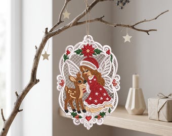 Christmas Fairy Reindeer Embroidery Design, Freestanding Lace Ornament (Digital Download)