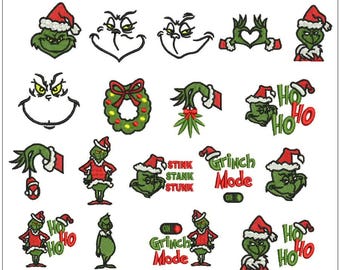 Paquete de diseños de bordado navideños del Grinch: 19 patrones festivos