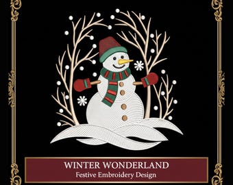 Diseño de bordado navideño de muñeco de nieve: Patrón festivo de invierno (descarga digital)