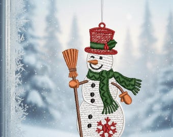 Diseño de bordado de encaje de muñeco de nieve FSL, adorno navideño / decoración festiva
