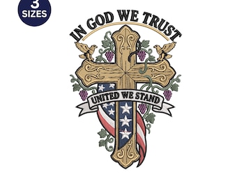 In God We Trust Cross Embroidery Design, christelijk bestand met patriottische Amerikaanse vlag (digitale download)