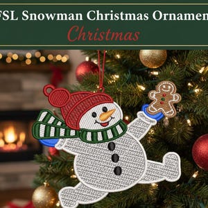 May include: Embroidered snowman Christmas ornament with a red hat, green scarf, and holding a gingerbread man. The ornament is hanging on a Christmas tree with red and gold ornaments. Text on the image reads "FSL Snowman Christmas Ornament" and "Christmas".