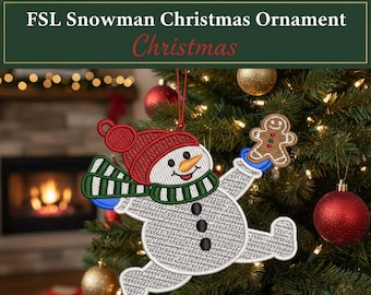Diseño de bordado de muñeco de nieve FSL: Adorno navideño, decoración de árbol de encaje