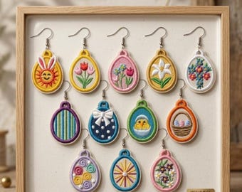 FSL Mega Set de 12 diseños de bordado para aretes de huevo de Pascua / Archivos de joyería de encaje (Descarga instantánea)